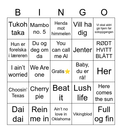 Musikkbingo VM pub 2026 Bingo Card