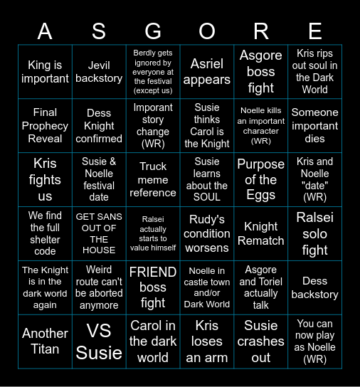 Chapter 5 Bingo (WR = Weird Route) Bingo Card