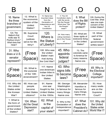 Citizenship Bingo Set 5 128 Bingo Card