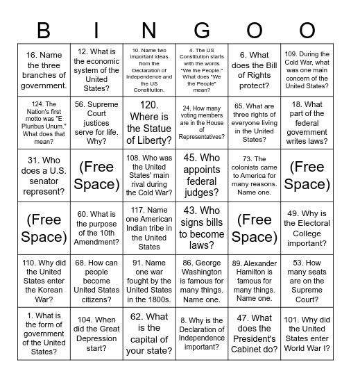Citizenship Bingo Set 5 128 Bingo Card