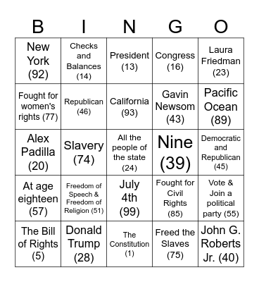 Citizenship Bingo 100Q Set1 Bingo Card