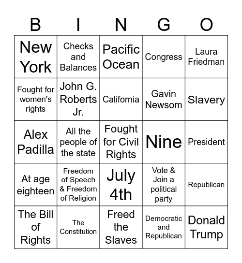 Citizenship Bingo 100Q Set1 Bingo Card
