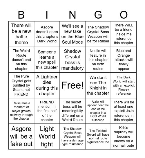 Deltarune Chapter 5 Predictions Bingo Card