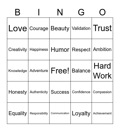 Values! Bingo Card