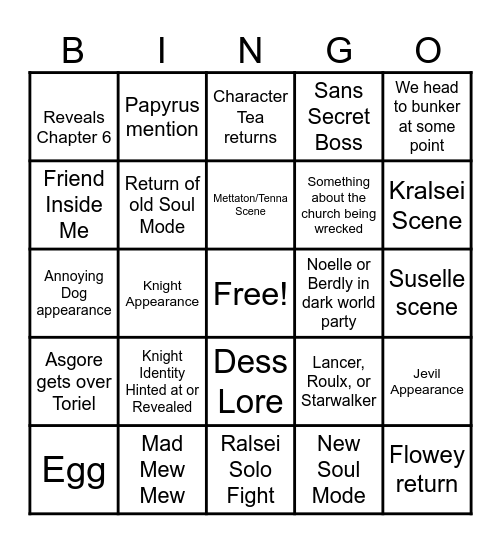 Deltarune Chapter 5 Bingo Card