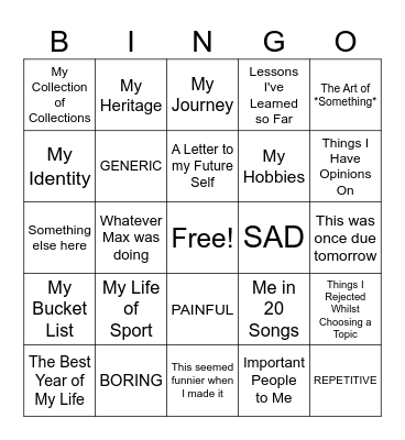 Miserable Topics Bingo Card