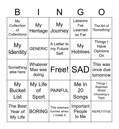 Miserable Topics Bingo Card