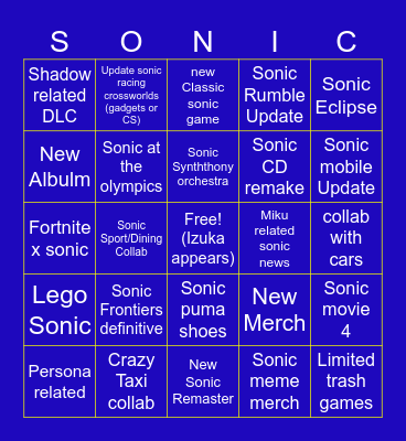 Sonic Central 2026 Bingo Card