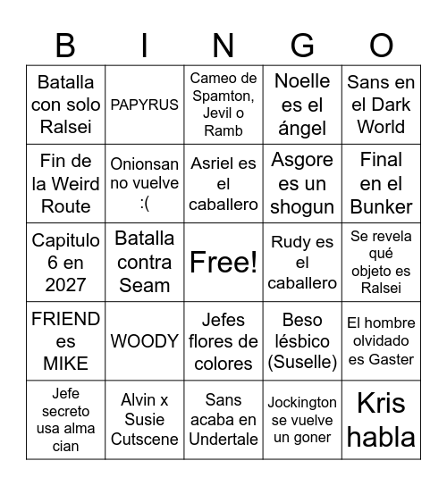Deltarune Chapter 5 Bingo Card