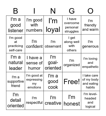 My Skills + Strengths Bingo Card