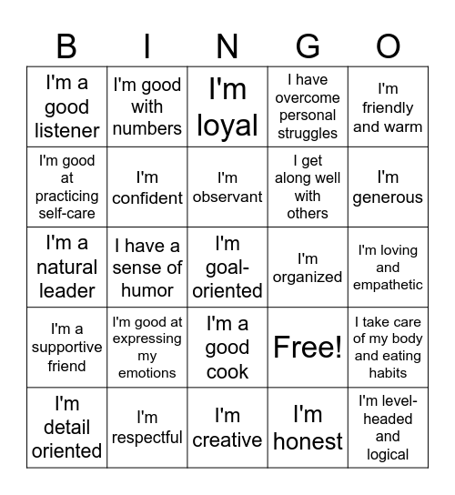 My Skills + Strengths Bingo Card