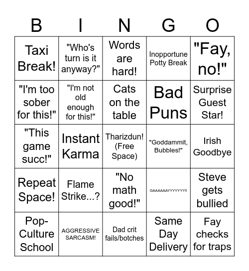 Game Night Bingo Card