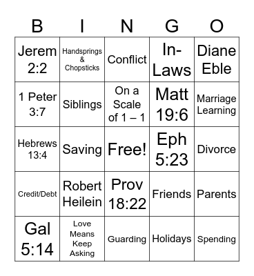 Zion MBC Marriage Ministry Bingo Card