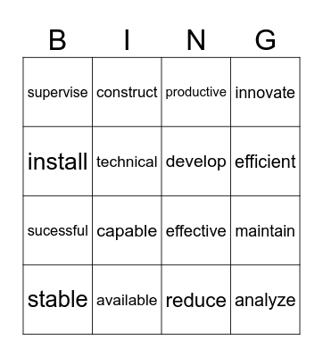Bingo verbs and adjectives to nominalize Bingo Card