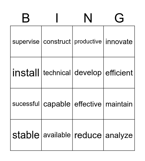 Bingo verbs and adjectives to nominalize Bingo Card