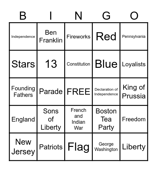 Fourth of July Bingo Card