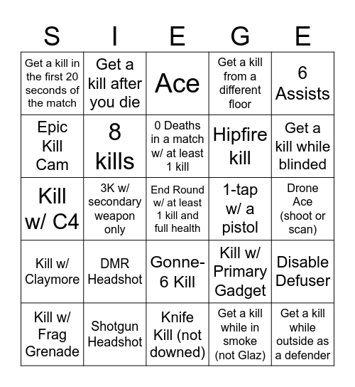 Siege Bingo Card