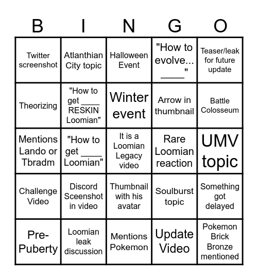 LuckyHD Loomian Legacy Video Bingo Card