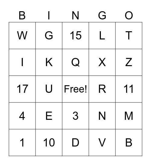 Alphabet & #'s 1-20 Bingo Card