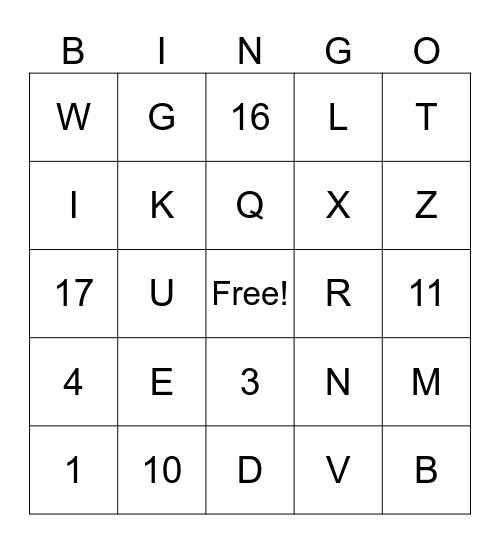 Alphabet & #'s 1-20 Bingo Card