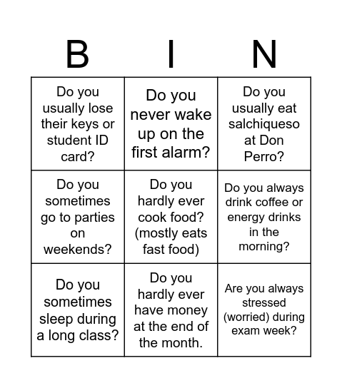 Adverbs of frequency - A2 Bingo Card