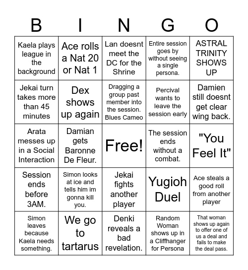 Persona 3 Bingo Card