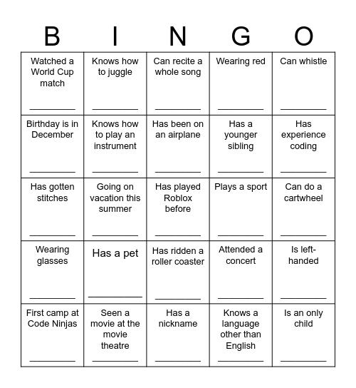 Code Ninjas Bingo Card