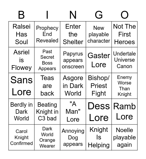 Deltarune Ch5 Bingo Card