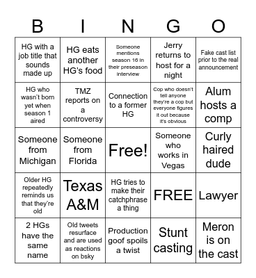 Big Brother 28 Bingo Card