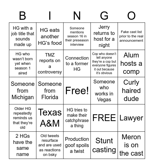 Big Brother 28 Bingo Card