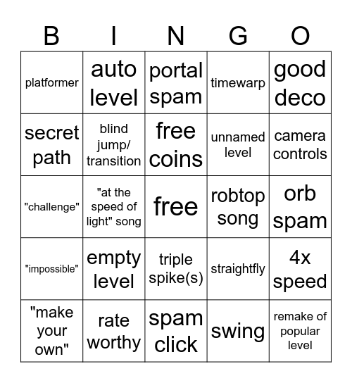 Geometry Dash recent tab Bingo Card