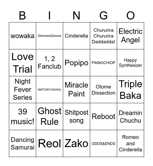 Otauniverse Live Experience Bingo Card