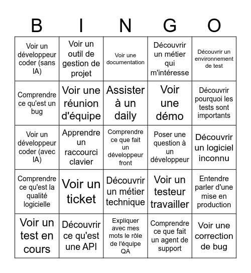 Bingo des découvertes Bingo Card