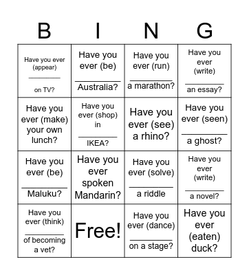 Have you ever (past participle) Bingo Card