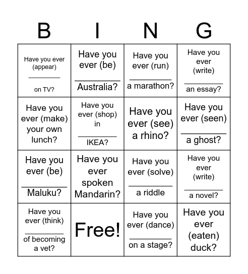 Have you ever (past participle) Bingo Card