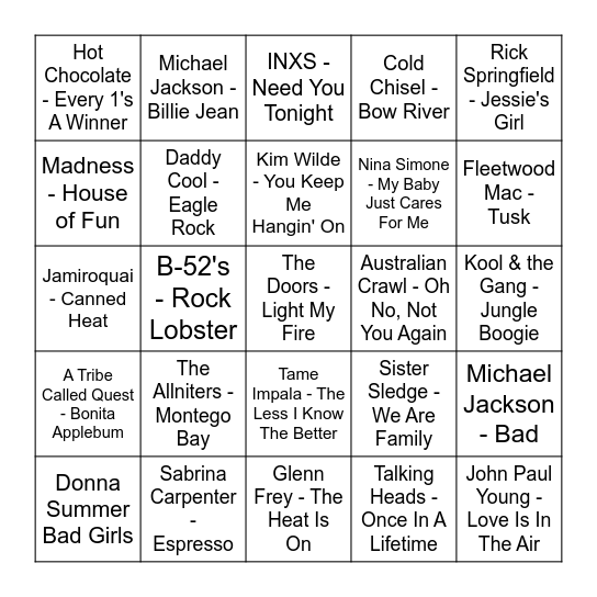 ★ Music Bingo w Bonnie Anne ★ Bingo Card