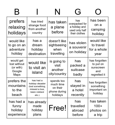 Summer Holidays Bingo Card