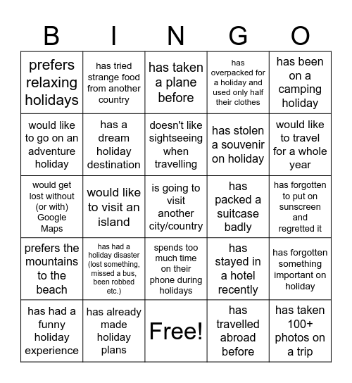 Summer Holidays Bingo Card
