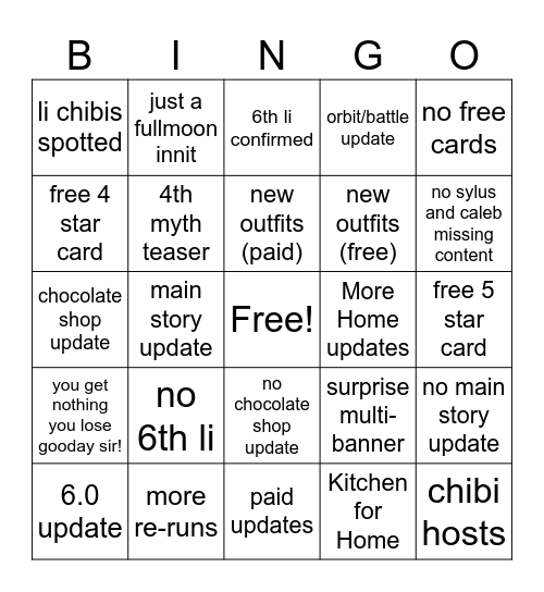 LaDS Livestream Bingo Card