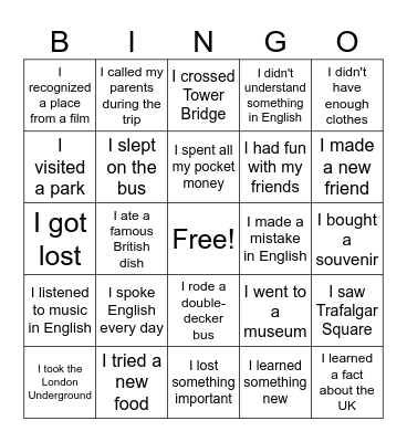 4e UK Bingo Card