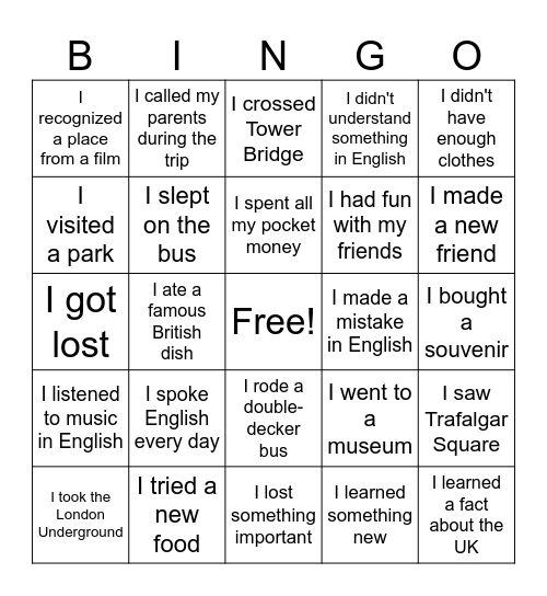 4e UK Bingo Card