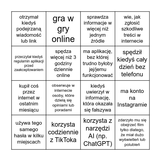 Znajdź kogoś kto... Bingo Card