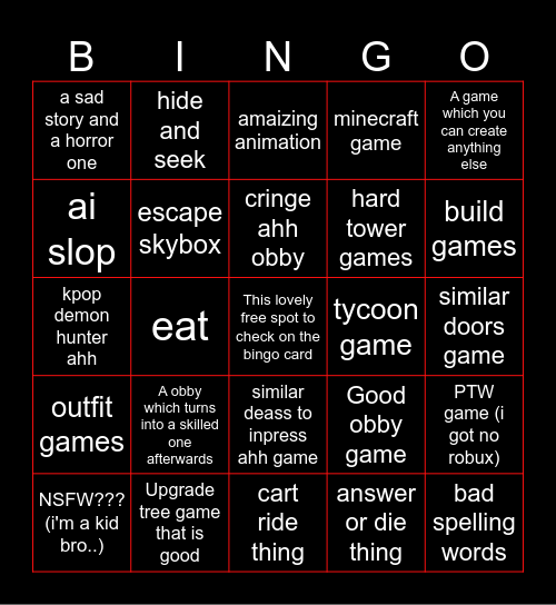 Roblox Gamesl Bingo Card