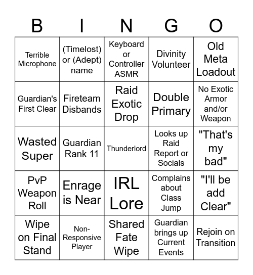 Destiny 2 LFG Bingo Card