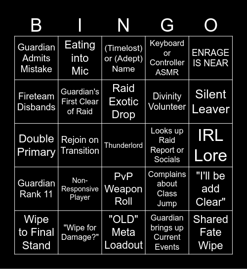Destiny 2 LFG Bingo Card