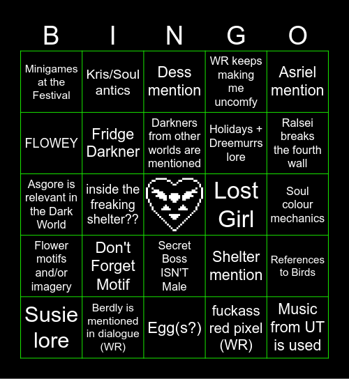 My DELTARUNE Chapter 5 Bingo Card