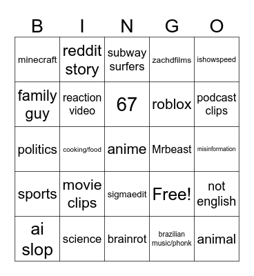 Youtube Shorts Bingo Card