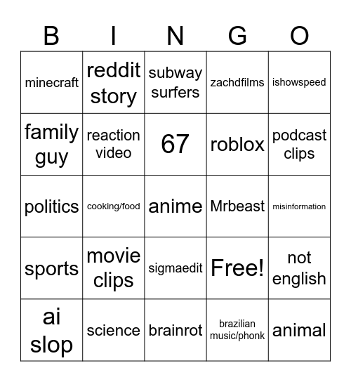 Youtube Shorts Bingo Card