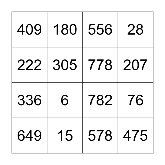 subtraction Bingo Card