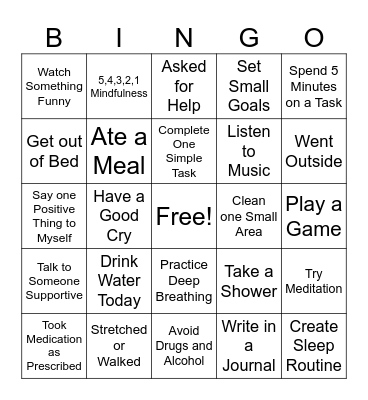 Depression Coping Bingo Card